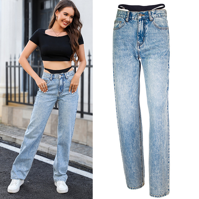 Streetwear Brand Denim - Falso duas peças costura jeans retos